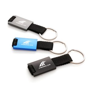 Coloured metal keyring with nylon strap and split ring attachment for attaching to keys