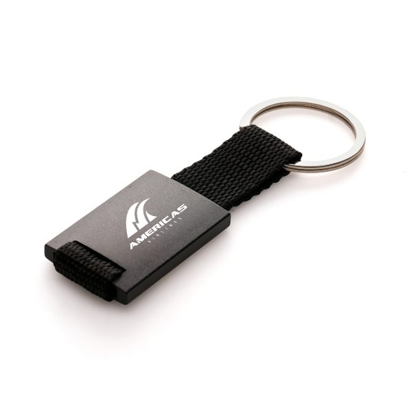 Coloured metal keyring with nylon strap and split ring attachment for attaching to keys