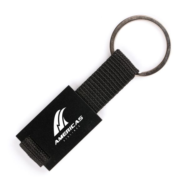 Coloured metal keyring with nylon strap and split ring attachment for attaching to keys