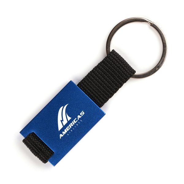 Coloured metal keyring with nylon strap and split ring attachment for attaching to keys