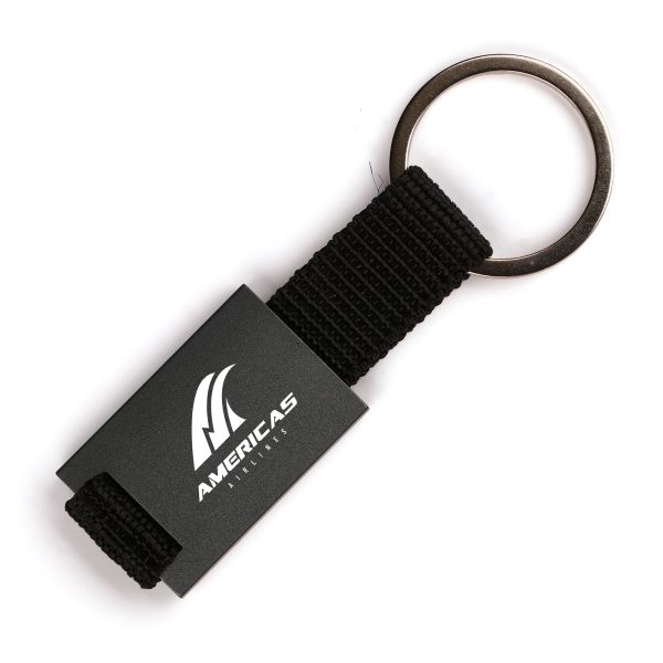 Coloured metal keyring with nylon strap and split ring attachment for attaching to keys