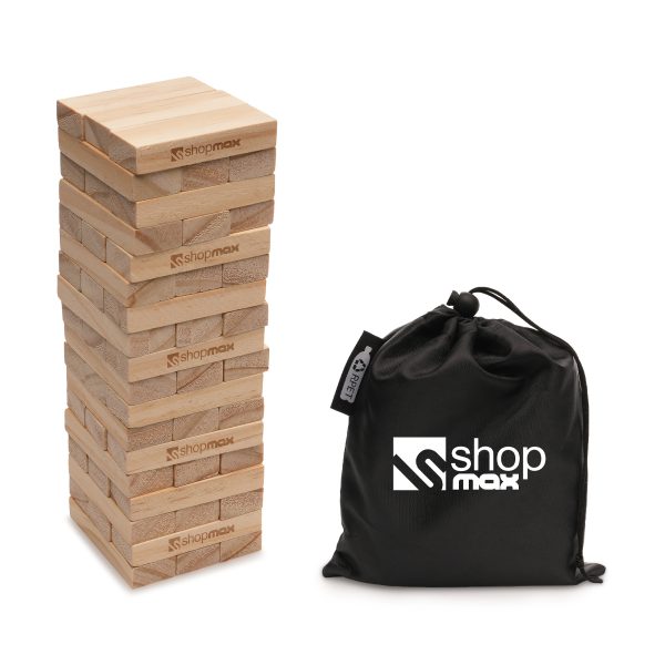Bamboo tumbling tower block game supplied with branded RPET drawstring storage bag, made from 100% sustainable materials.