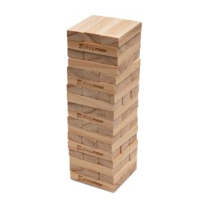 Bamboo tumbling tower block game supplied with branded RPET drawstring storage bag, made from 100% sustainable materials.