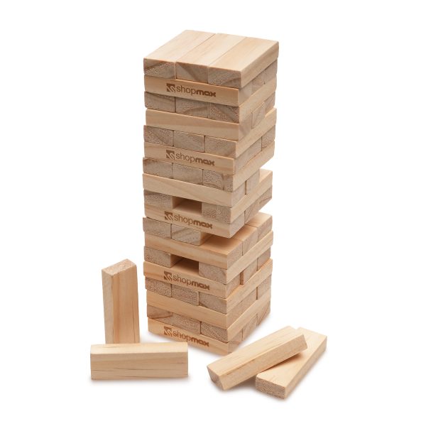 Bamboo tumbling tower block game supplied with branded RPET drawstring storage bag, made from 100% sustainable materials.