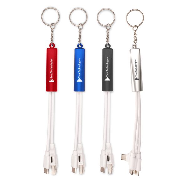 Plastic 3-in-1 light-up charger keyring. With dual type C/USB power adaptors and various connectors with type C USB, reversible 5 pin (iPhone) and micro USB (Android) connectors. Engraved branding lights up when plugged in!