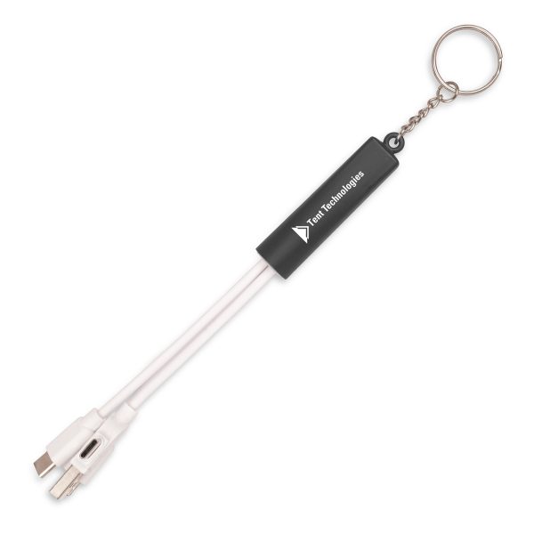 Plastic 3-in-1 light-up charger keyring. With dual type C/USB power adaptors and various connectors with type C USB, reversible 5 pin (iPhone) and micro USB (Android) connectors. Engraved branding lights up when plugged in!