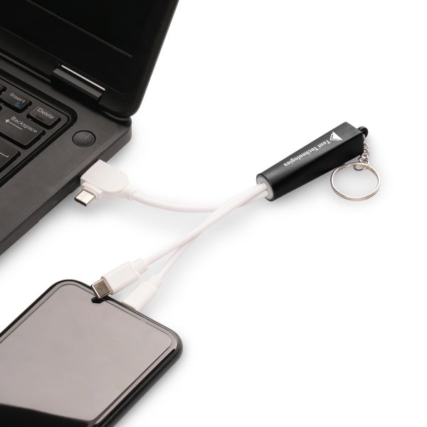 Plastic 3-in-1 light-up charger keyring. With dual type C/USB power adaptors and various connectors with type C USB, reversible 5 pin (iPhone) and micro USB (Android) connectors. Engraved branding lights up when plugged in!