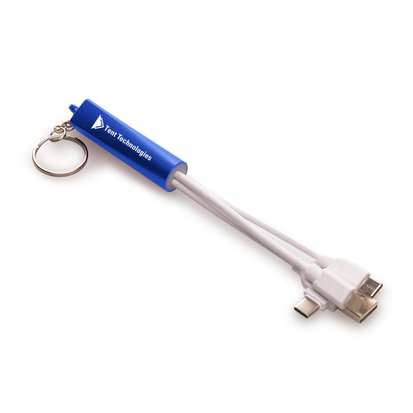 Plastic 3-in-1 light-up charger keyring. With dual type C/USB power adaptors and various connectors with type C USB, reversible 5 pin (iPhone) and micro USB (Android) connectors. Engraved branding lights up when plugged in!