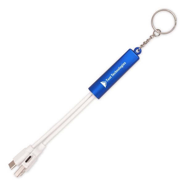 Plastic 3-in-1 light-up charger keyring. With dual type C/USB power adaptors and various connectors with type C USB, reversible 5 pin (iPhone) and micro USB (Android) connectors. Engraved branding lights up when plugged in!