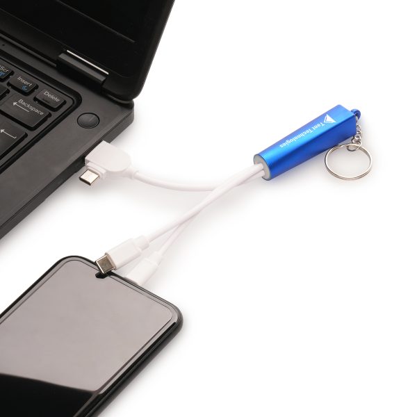 Plastic 3-in-1 light-up charger keyring. With dual type C/USB power adaptors and various connectors with type C USB, reversible 5 pin (iPhone) and micro USB (Android) connectors. Engraved branding lights up when plugged in!