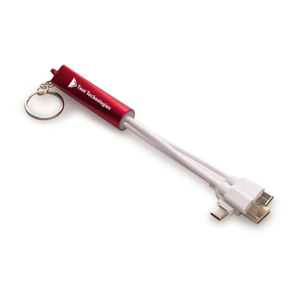 Plastic 3-in-1 light-up charger keyring. With dual type C/USB power adaptors and various connectors with type C USB, reversible 5 pin (iPhone) and micro USB (Android) connectors. Engraved branding lights up when plugged in!