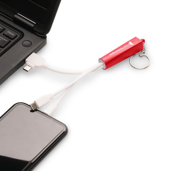 Plastic 3-in-1 light-up charger keyring. With dual type C/USB power adaptors and various connectors with type C USB, reversible 5 pin (iPhone) and micro USB (Android) connectors. Engraved branding lights up when plugged in!