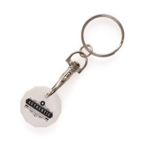 12 sided 20mm recycled plastic trolley coin keyring with detachable carabineer clip and split ring attachment.