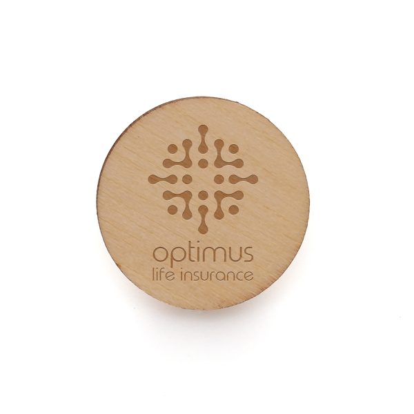 Small 20mm diameter circular 3mm thick basswood badge with butterfly clasp and a brilliant branding area for your company message.