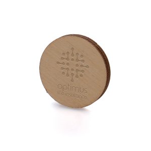 Small 20mm diameter circular 3mm thick basswood badge with butterfly clasp and a brilliant branding area for your company message.