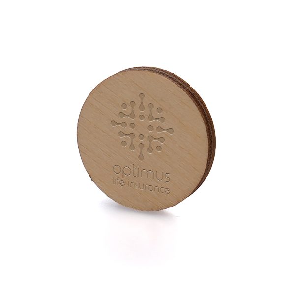 Small 20mm diameter circular 3mm thick basswood badge with butterfly clasp and a brilliant branding area for your company message.