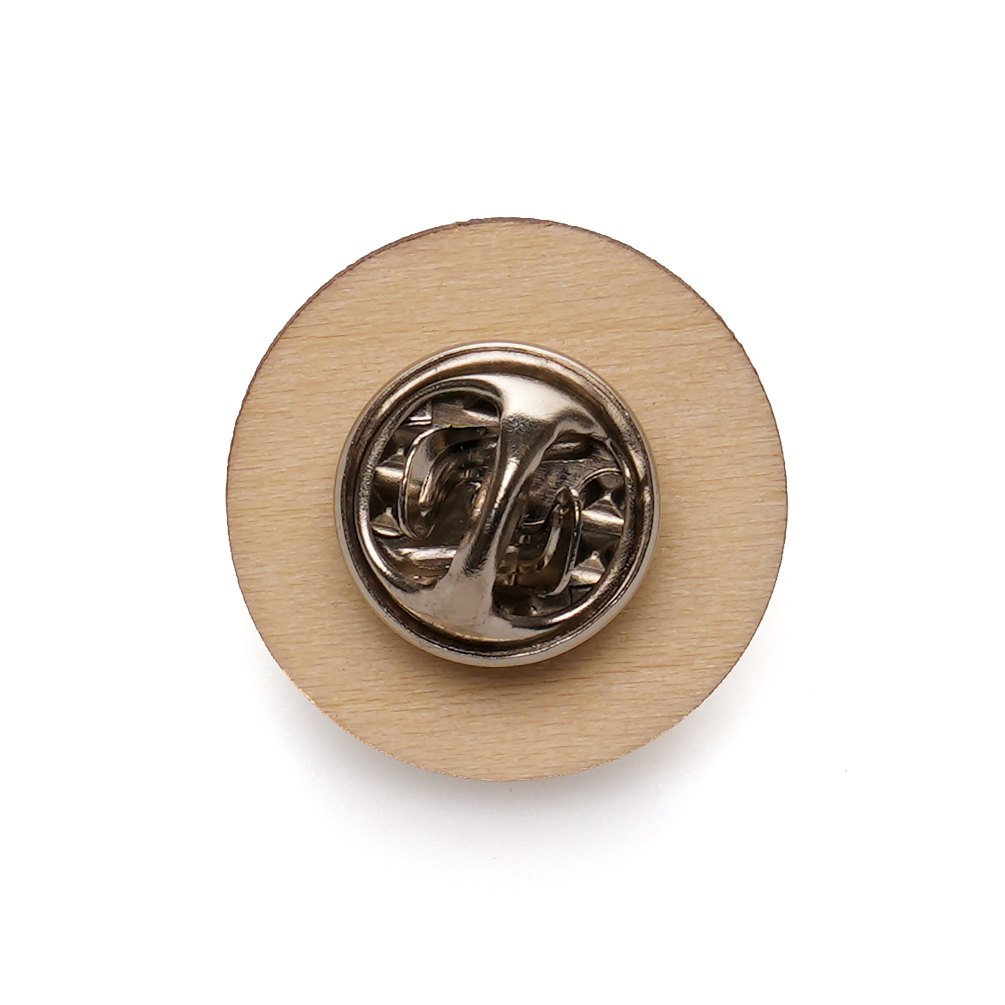 Small 20mm diameter circular 3mm thick basswood badge with butterfly clasp and a brilliant branding area for your company message.