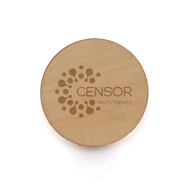 Medium 30mm diameter circular 3mm thick basswood badge with butterfly clasp and a brilliant branding area for your company message.
