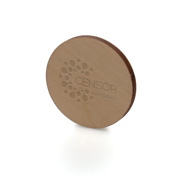 Medium 30mm diameter circular 3mm thick basswood badge with butterfly clasp and a brilliant branding area for your company message.