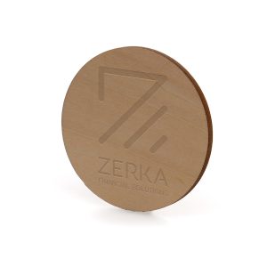 Large 50mm diameter circular 3mm thick basswood badge with butterfly clasp and a brilliant branding area for your company message.
