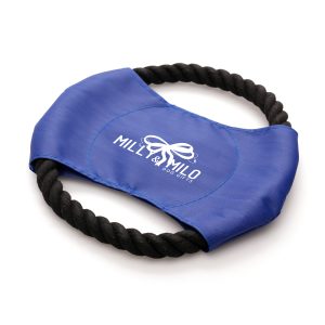 Rope flying disc pet chew toy for throwing and fetching.