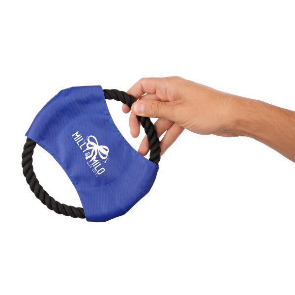 Rope flying disc pet chew toy for throwing and fetching.