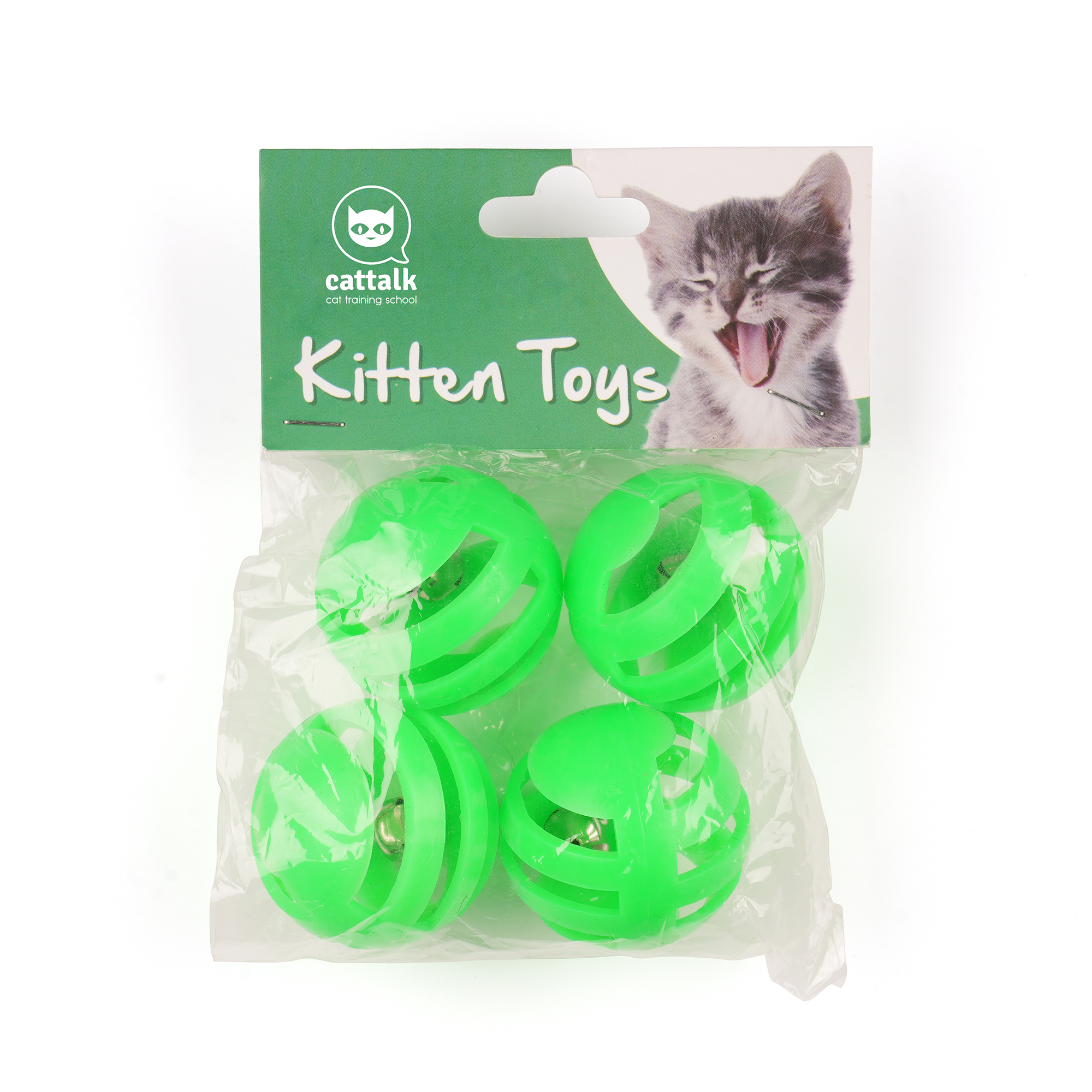 A colourful plastic kitten ball set includes 4 jingle balls with a fully bespoke 2 sided printed header card.