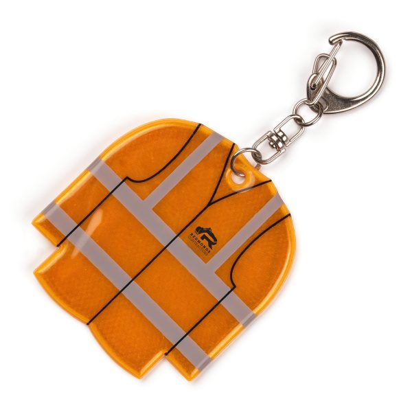 Reflective hi-vis vest shaped padded keyring with split ring attachment.