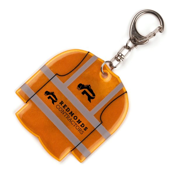 Reflective hi-vis vest shaped padded keyring with split ring attachment.