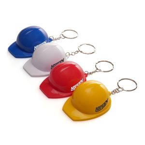 Plastic hard hat with built in metal bottle opener and split ring attachment.