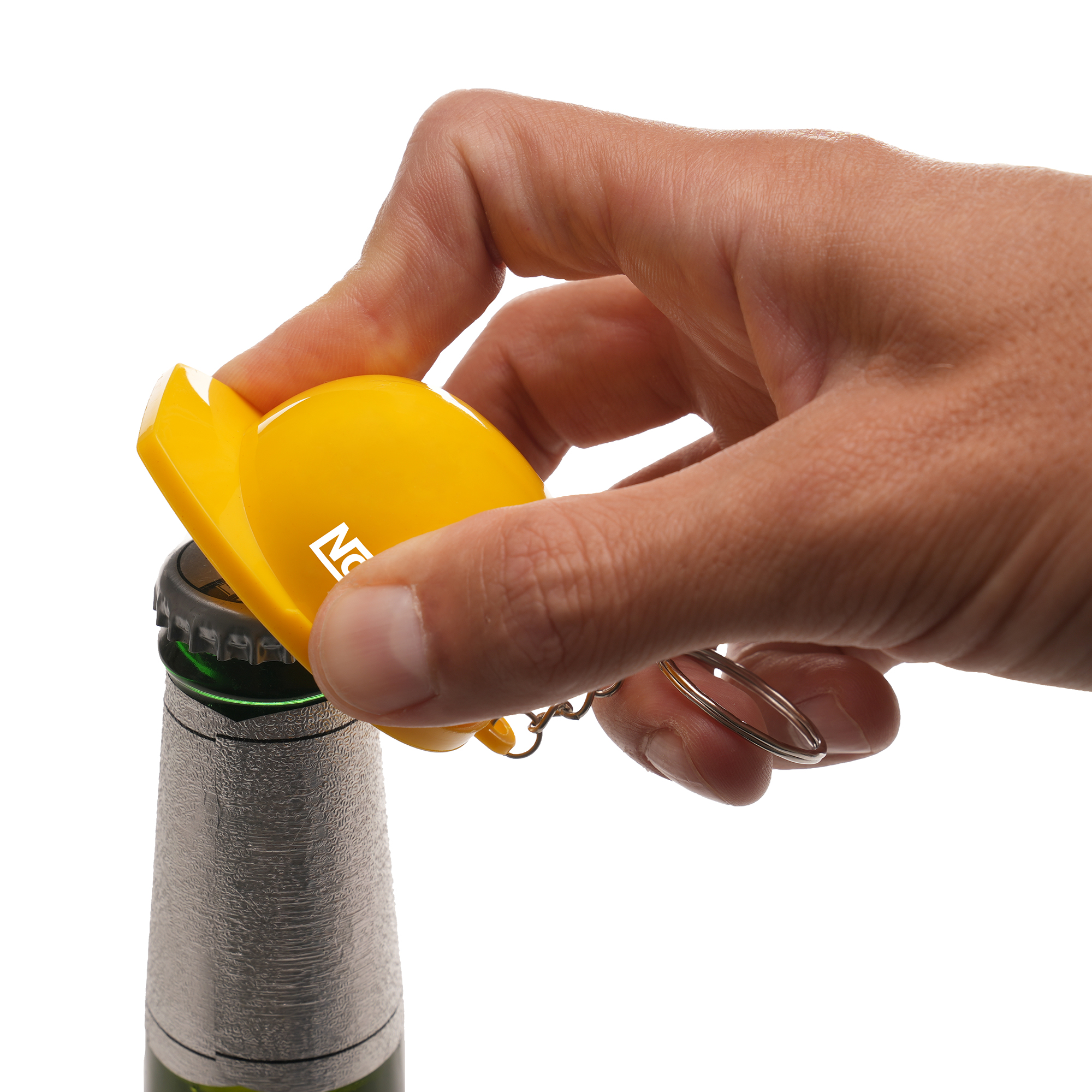 Plastic hard hat with built in metal bottle opener and split ring attachment.