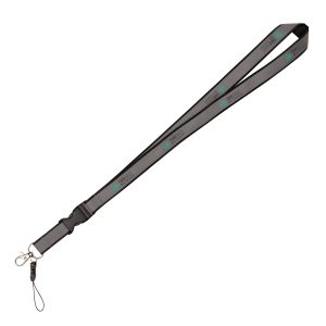 900 x 20mm flat polyester lanyard with grey reflective coating to one side. Includes metal trigger clip and plastic safety break.