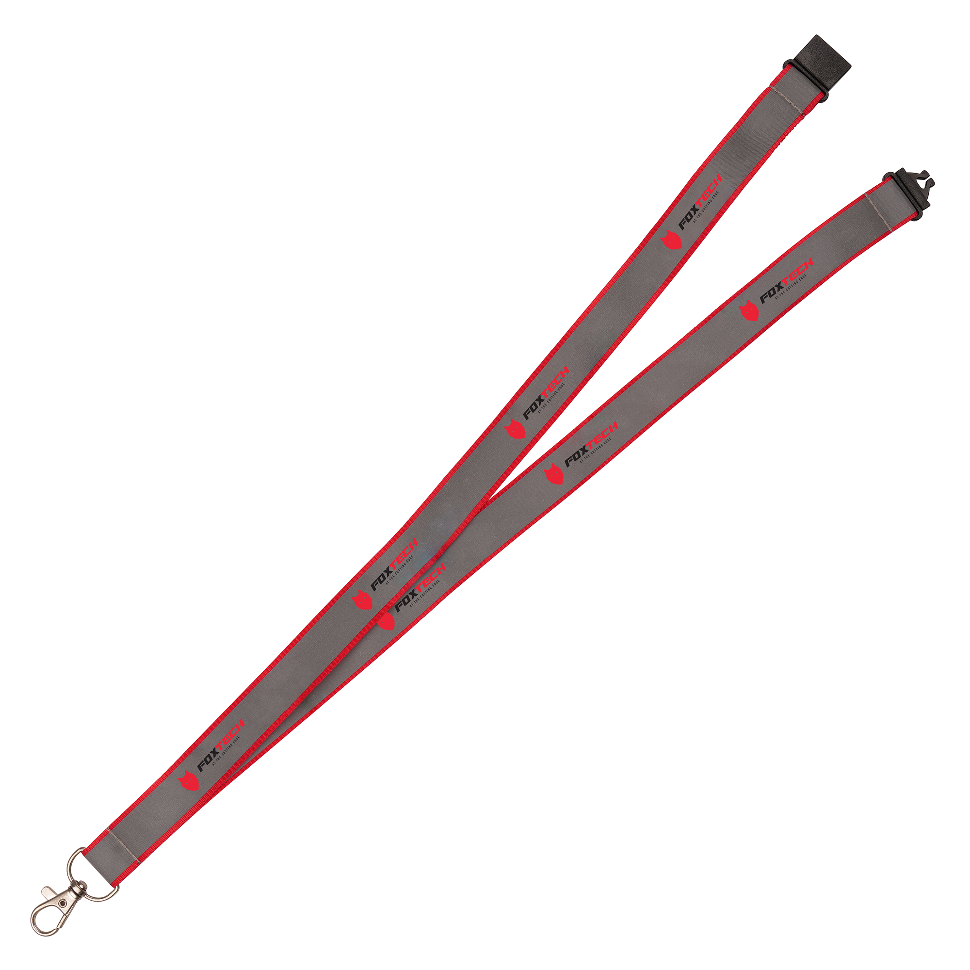 900 x 20mm flat polyester lanyard with grey reflective coating to one side. Includes metal trigger clip and plastic safety break.