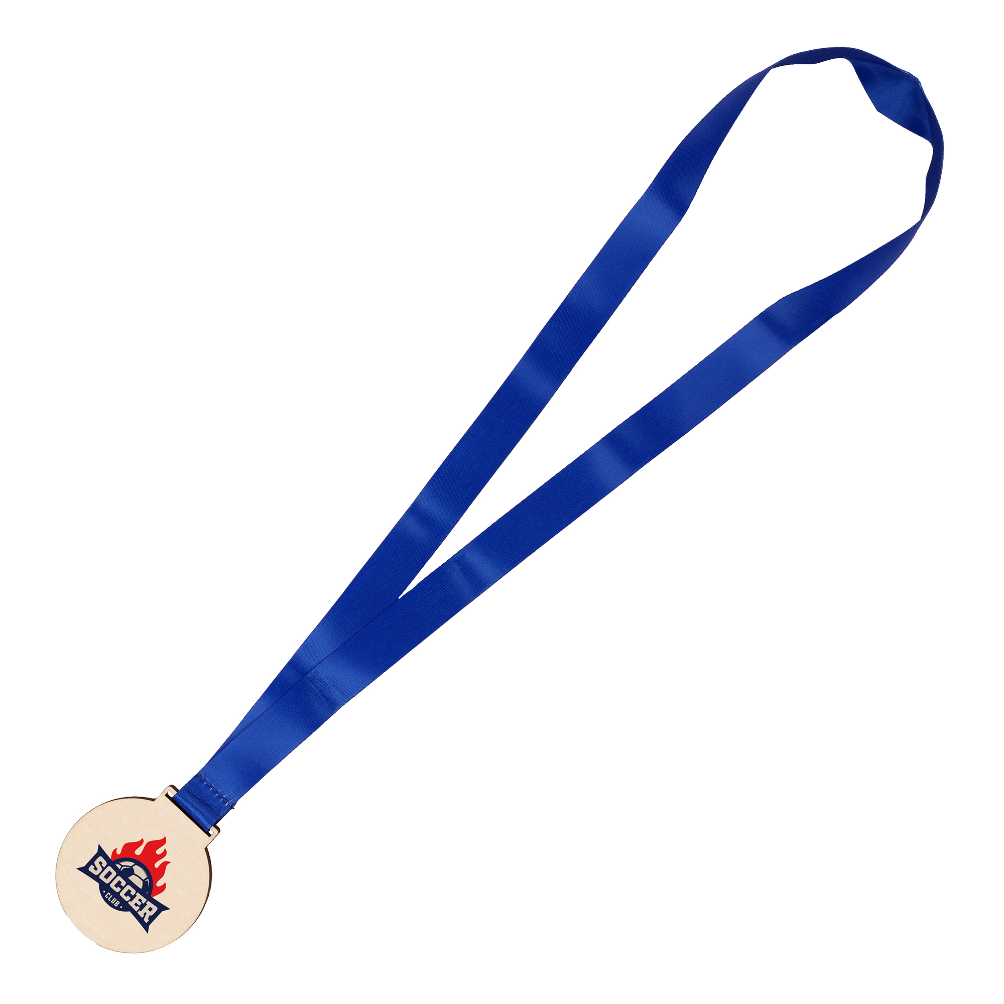 Eco-friendly fully bespoke shaped bamboo medal attached to printed satin ribbon or polyester lanyard.