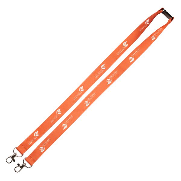 Double trigger clip RPET lanyard with full colour dye or sublimation design to one or both sides(same design). Features two trigger clips on either side and safety break.