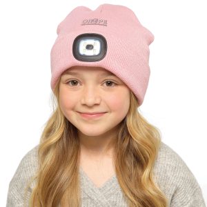 Children’s beanie hat featuring an integrated rechargeable LED light with 3 light intensity levels.