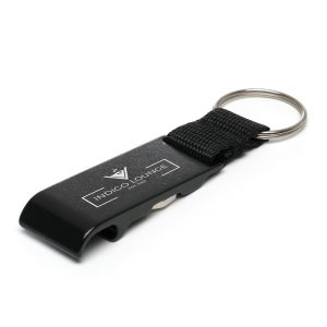 Aluminium keyring with integrated bottle opener and detachable magnetic trolley coin. Includes split ring attachment.