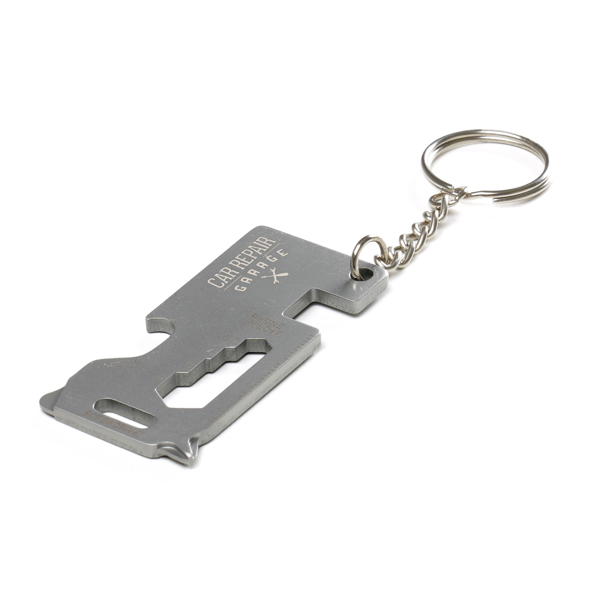 Stainless steel multi-tool keyring with built-in phone holder, screwdriver, ruler, and opener. Includes split ring attachment.