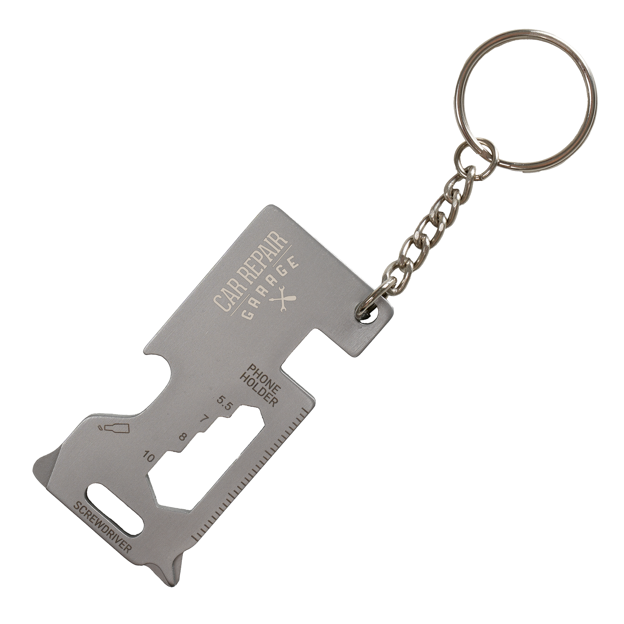 Stainless steel multi-tool keyring with built-in phone holder, screwdriver, ruler, and opener. Includes split ring attachment.