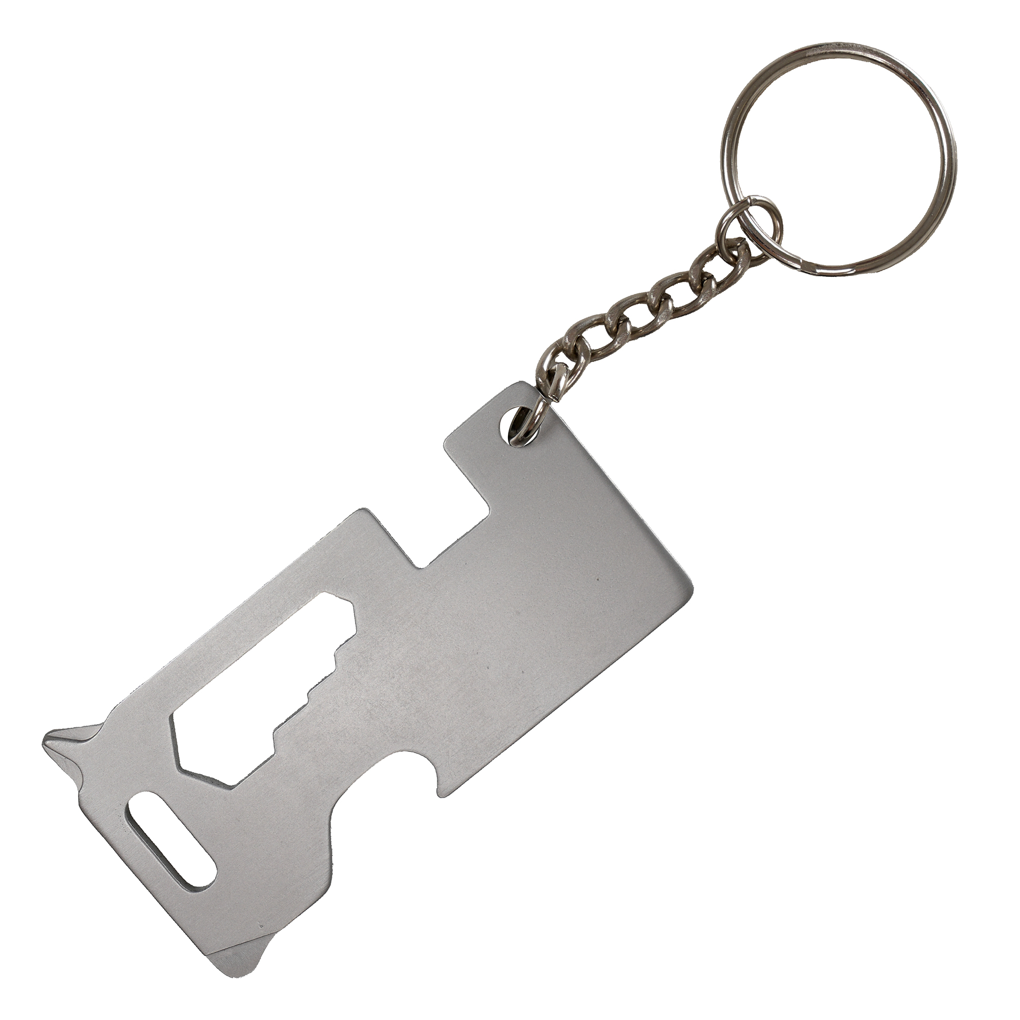 Stainless steel multi-tool keyring with built-in phone holder, screwdriver, ruler, and opener. Includes split ring attachment.