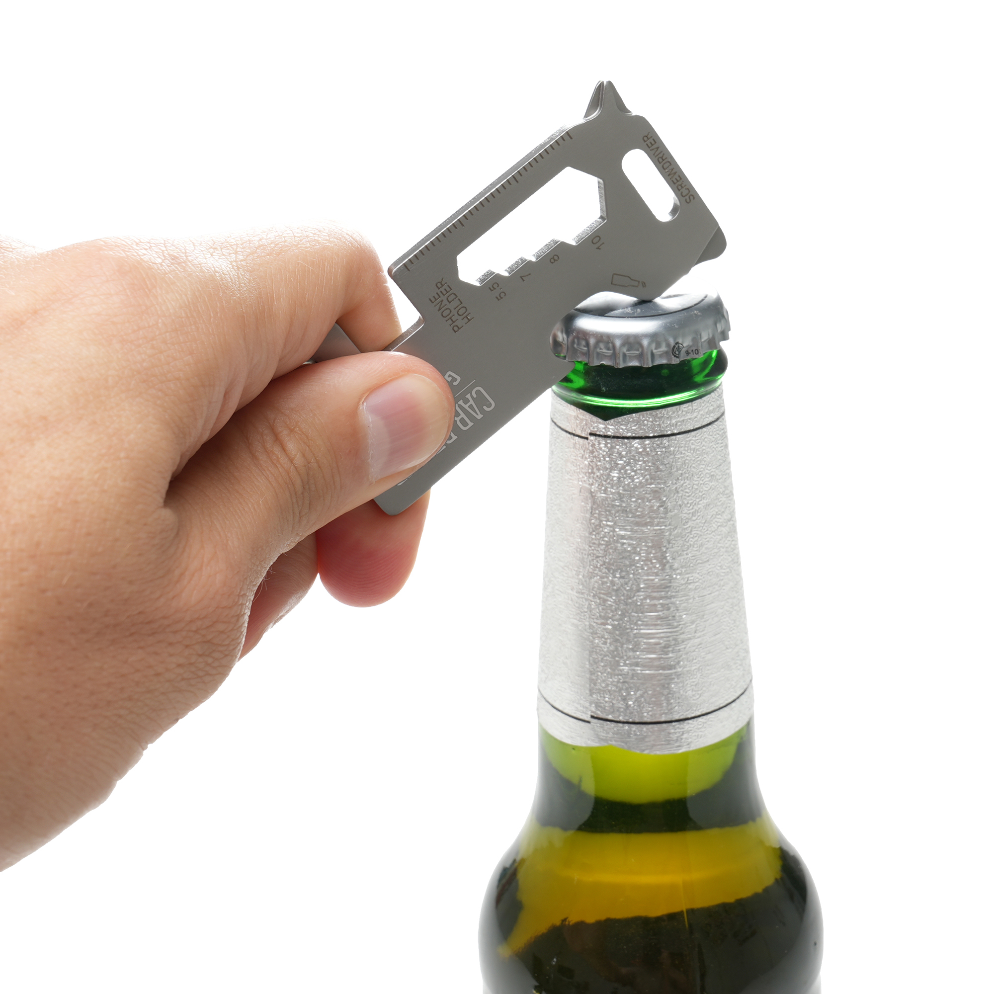 Stainless steel multi-tool keyring with built-in phone holder, screwdriver, ruler, and opener. Includes split ring attachment.