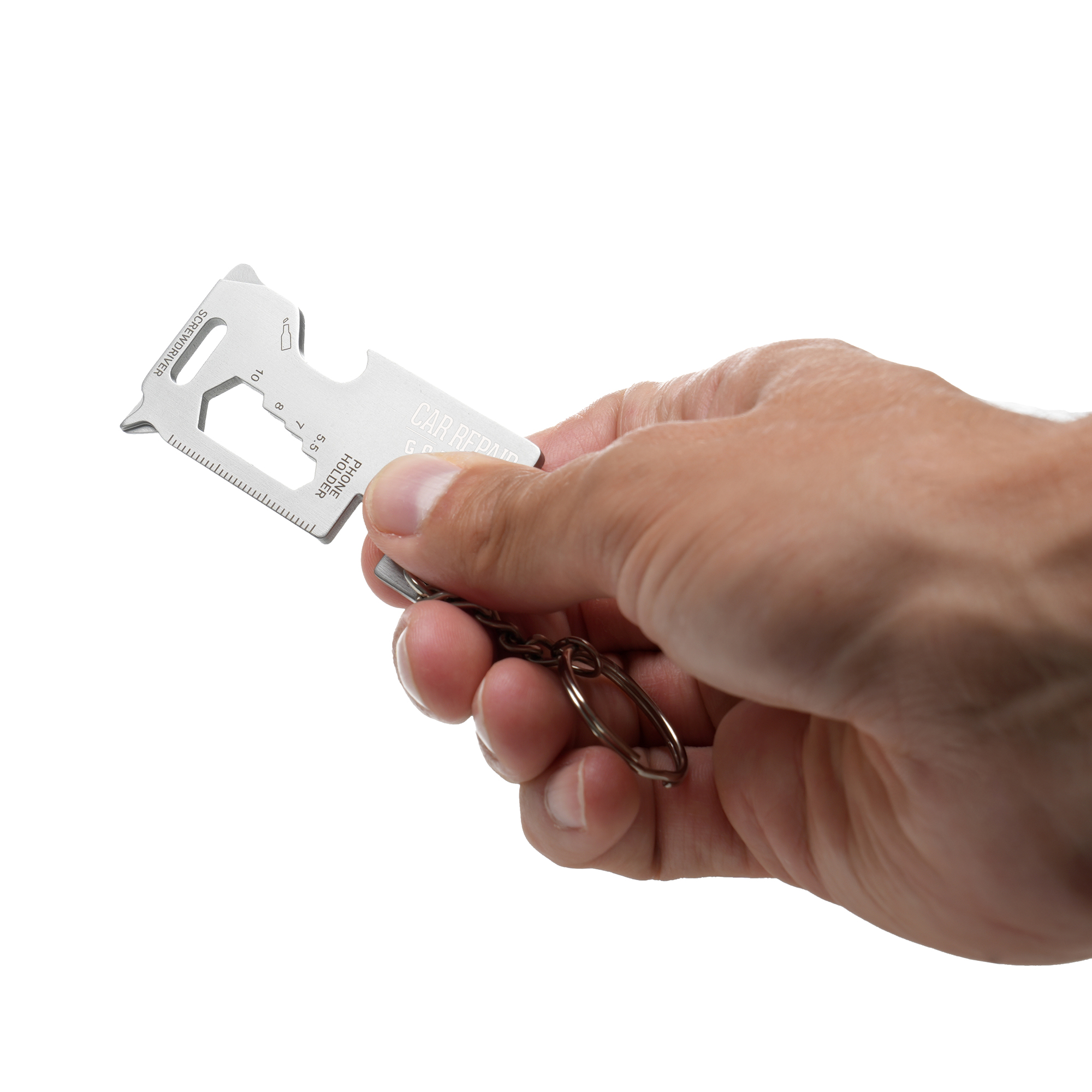 Stainless steel multi-tool keyring with built-in phone holder, screwdriver, ruler, and opener. Includes split ring attachment.