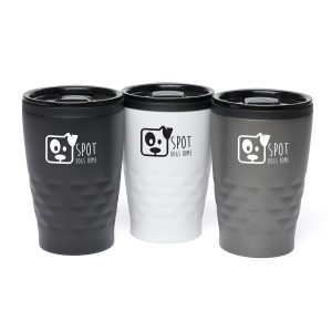 360ml double walled stainless steel tumbler with a sleek indented design to aid grip with a black recycled PP plastic inner, secure push on black lid with sliding sipper. BPA and PVC free. For Silver version please see MG0045.