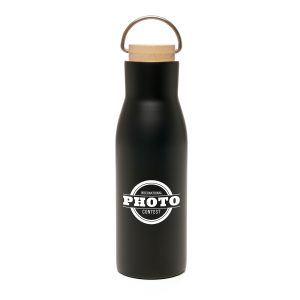 500ml double walled stainless steel bottle with recycled inner, screw-on bamboo lid with stainless steel built-in carry handle. Eye-catching powder finish coating. BPA and PVC free.