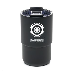 380ml premium tumbler with double-walled stainless steel, copper lining, powder-coated finish, dual-opening lid, straw, and silicone bouncer. Compact, stylish, and perfect for branding.