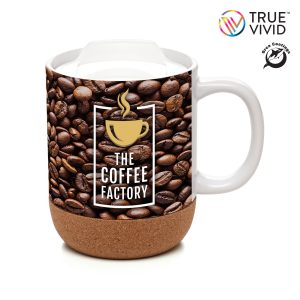 400ml white gloss ceramic mug with naturally insulating cork base, large handle, push-on PP lid with sliding sipper and silicone seal. BPA and PVC free. Designed for TrueVivid™ full colour dye sublimation branding.
