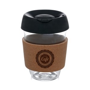 350ml borosilicate glass travel tumbler with black silicone lid and cork hand holder. BPA and PVC free.