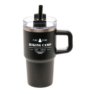 600ml double walled, recycled stainless steel travel mug with built-in recycled PP handle and a powder-coated finish, keeping your beverages at the desired temperature. Featuring a clear lid, recycled PP plastic slider and RPE coloured plastic straw. BPA & PVC free.