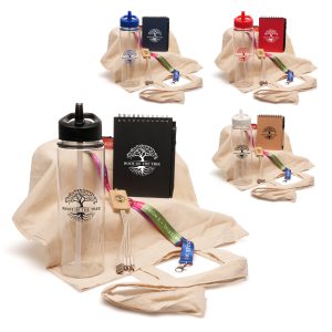 Introducing an extraordinary promotional gift bag set, thoughtfully designed to make a lasting impression. This comprehensive set includes a natural 5oz recycled cotton shopper with long handles exuding an authentic charm, Evander Recycled, RPET plastic drinks bottle, recycled wiro bound notebook with a matching recycled pen a true testament to your dedication to the environment, an RPET lanyard designed for easy identification and access at events, conferences, or workplaces built with strong and durable materials to be used time and time again, bamboo 3-in-1 charger an innovative accessory that is compatible with various electronic devices, offering convenience and versatility at your fingertips. With the ability to customise each product in this captivating gift set with your company logo, you'll enhance visibility, brand recognition, and leave a lasting impression. Ideal for exhibitions, trade shows, and events, this versatile gift set effortlessly appeals to a vast audience, offering a range of practical and environmentally friendly products. Available in a range of colours. Order yours today!