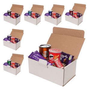 Express your gratitude with this delightful treat box! Each gift pack includes a stylish double walled 350ml Tumbler, branded for an elegant touch and available in 13 vibrant colours. Perfect for cosy moments, the box also contains two hot drink sachets, alongside a selection of crisps and biscuits from trusted, well-loved brands. This thoughtful gift is ideal for showing appreciation, whether for employees or clients. With logos or company messaging printed on to the tumbler and a full colour label to the gift box, it creates brand visibility and is a great way for recipients to be reminded of this thoughtful gesture.